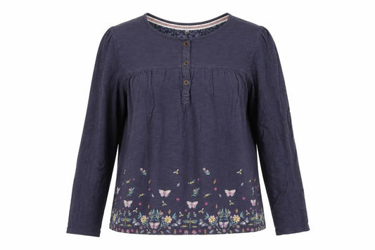 FatFace Teen Blue Floral Long Sleeve Henley Blouse