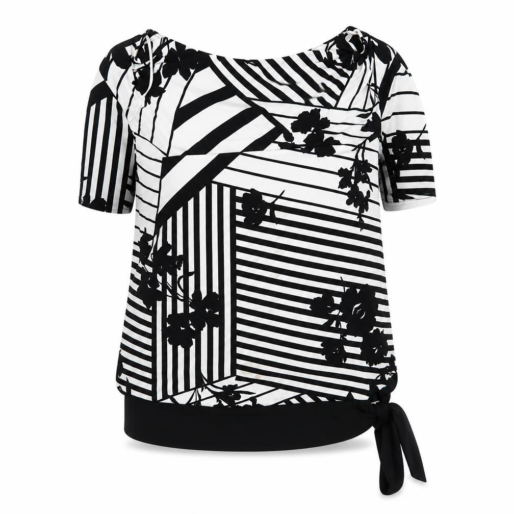 Roman Women's Black Striped Blouse, Size 16, Short Sleeve