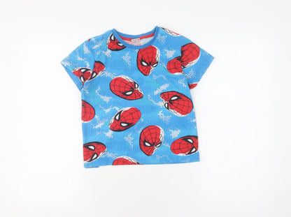 Front view of boys’ blue spider-man t-shirt, size 8, graphic print, short sleeve