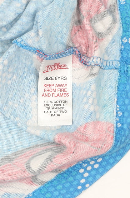 Close-up detail of boys’ blue spider-man t-shirt, size 8, graphic print, short sleeve
