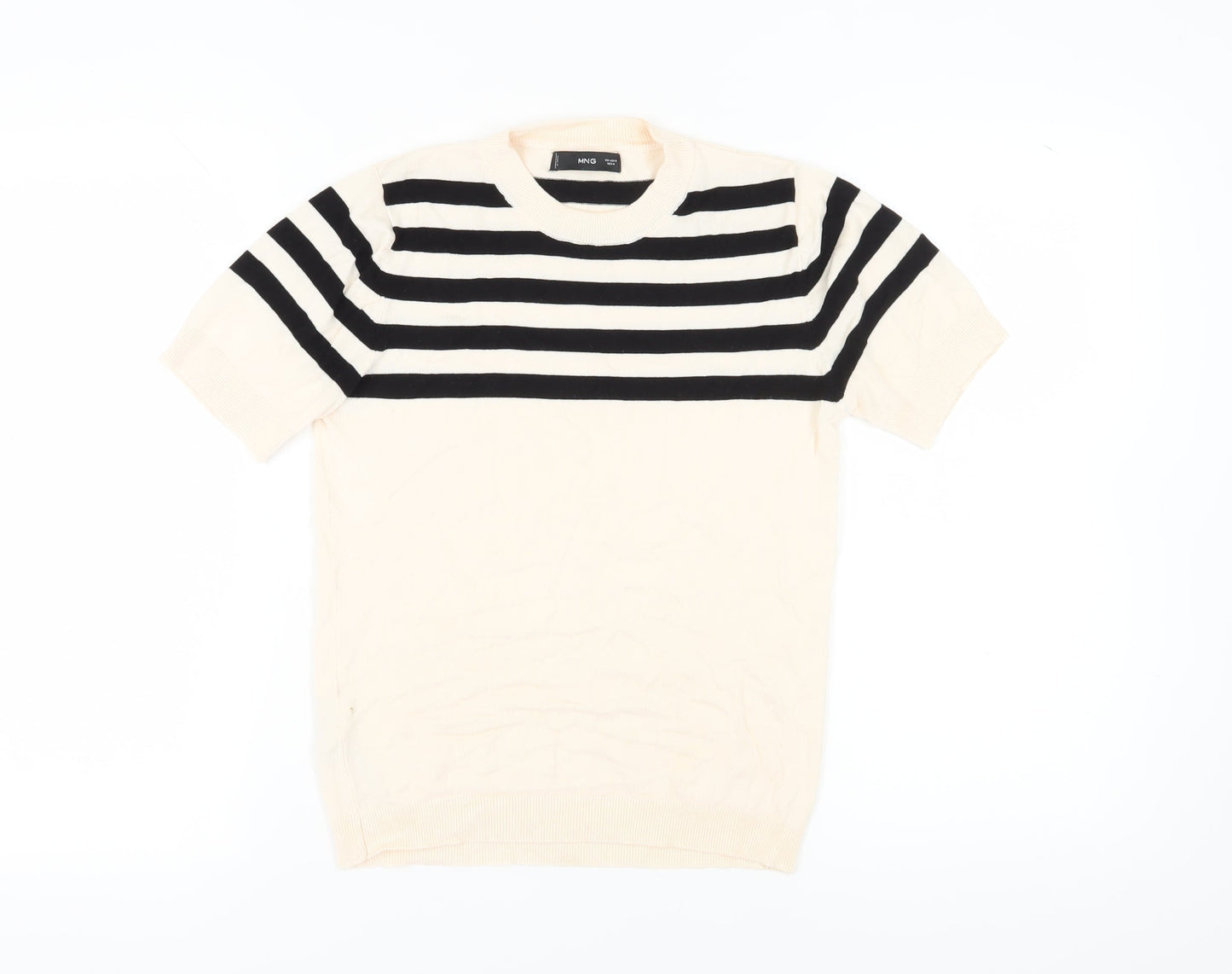 MNG Women's Black Striped T-Shirt, Size M, Crew Neck