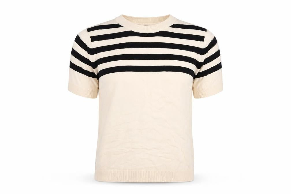 Mango Women's Black Striped T-Shirt, Size M, Crew Neck