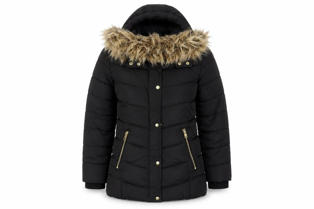 Next Girls Black Puffer Jacket 9 Years Hooded Fur Trim Winter