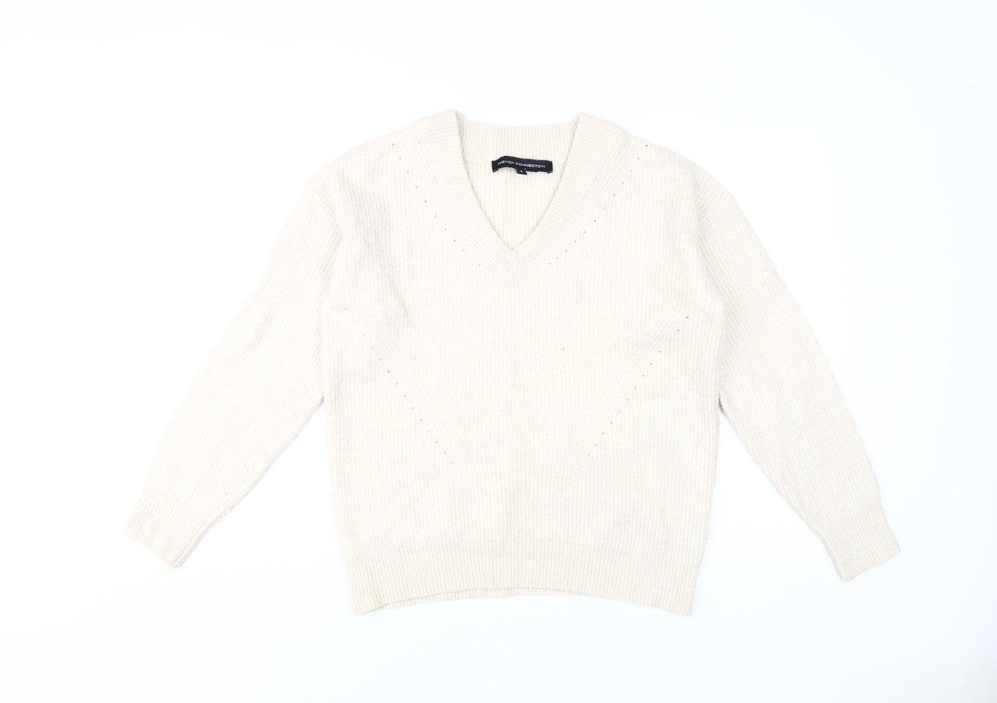 French Connection Women's White Knit V-Neck Jumper S