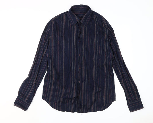 French Connection Men's Blue Striped Long Sleeve Shirt L