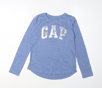 Additional front view of Gap girls’ blue sequin logo long sleeve t-shirt, size L