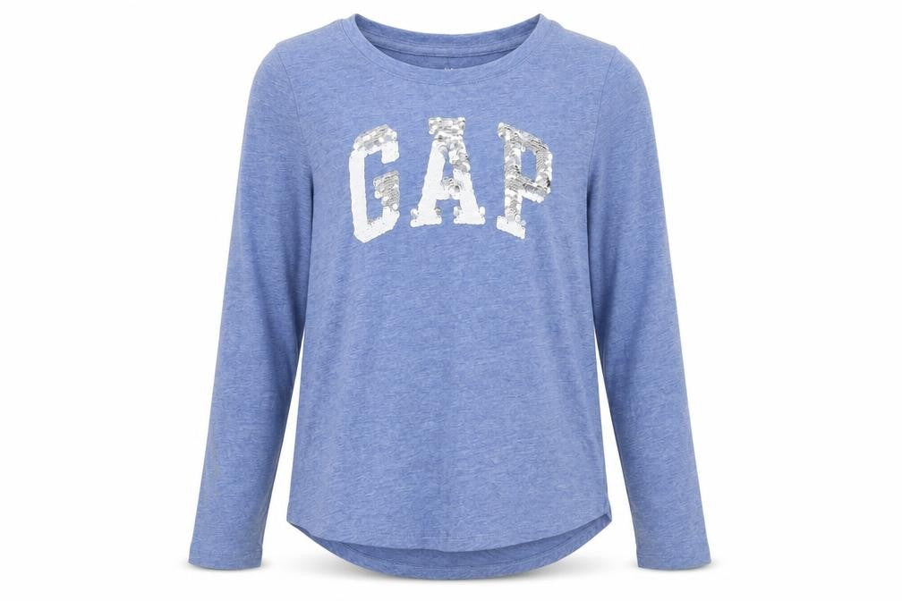 Front view of Gap girls’ blue sequin logo long sleeve t-shirt, size L