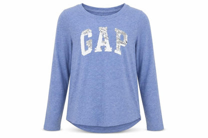 Front view of Gap girls’ blue sequin logo long sleeve t-shirt, size L