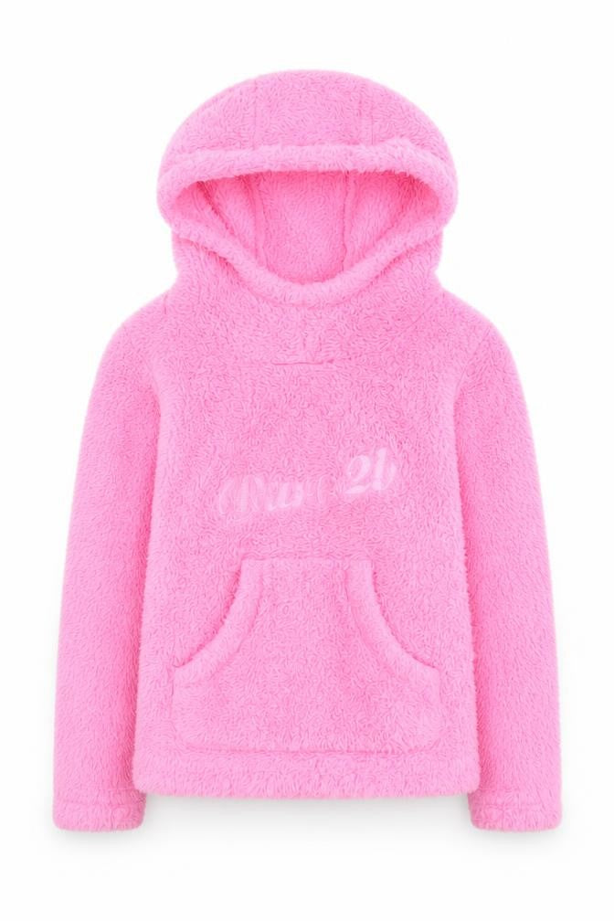 Front view of Dare 2b girls’ pink fleece pullover hoodie - 9-10 years