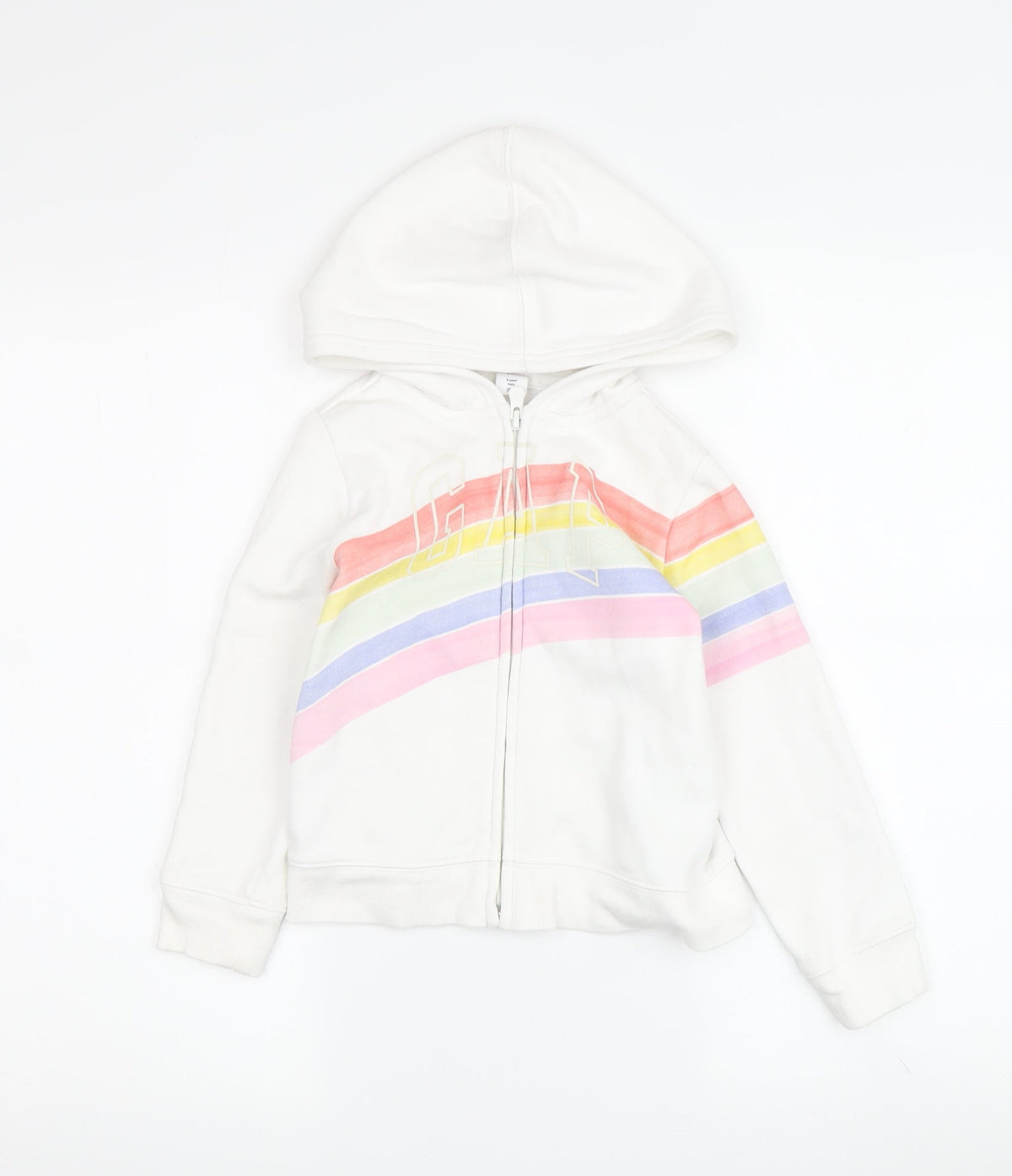 Additional front view of Gap girls’ full zip white hoodie with rainbow logo, size 5
