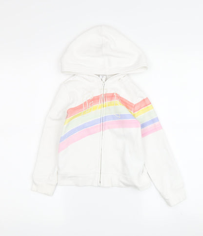Additional front view of Gap girls’ full zip white hoodie with rainbow logo, size 5