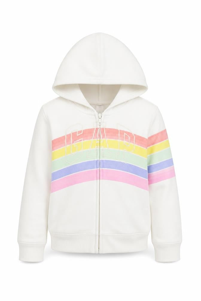 Front view of Gap girls’ full zip white hoodie with rainbow logo, size 5