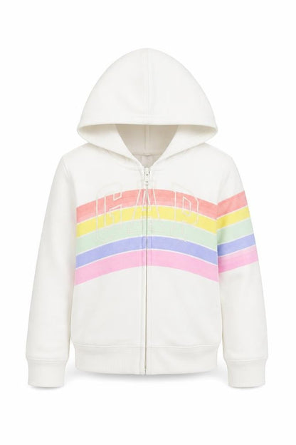 Front view of Gap girls’ full zip white hoodie with rainbow logo, size 5