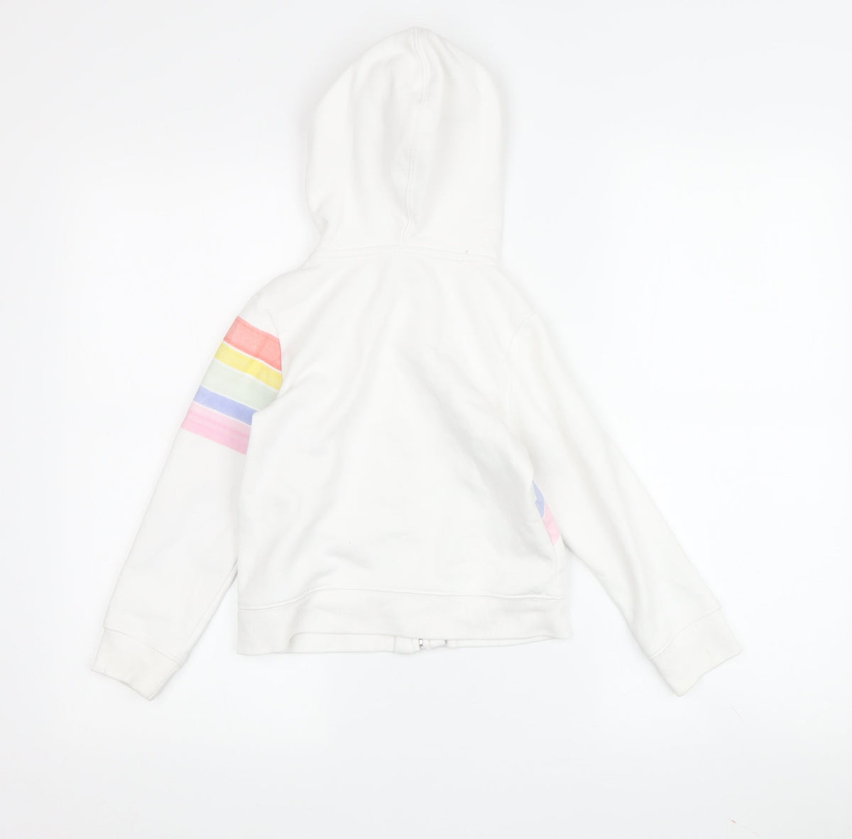 Back view of Gap girls’ full zip white hoodie with rainbow logo, size 5
