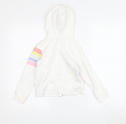 Back view of Gap girls’ full zip white hoodie with rainbow logo, size 5