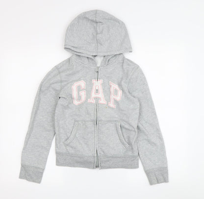 Additional front view of Gap girls’ grey full zip hoodie 10-11 years embroidered