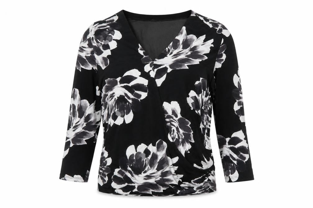 M&Co Women's Black Floral Wrap Blouse, Size 8
