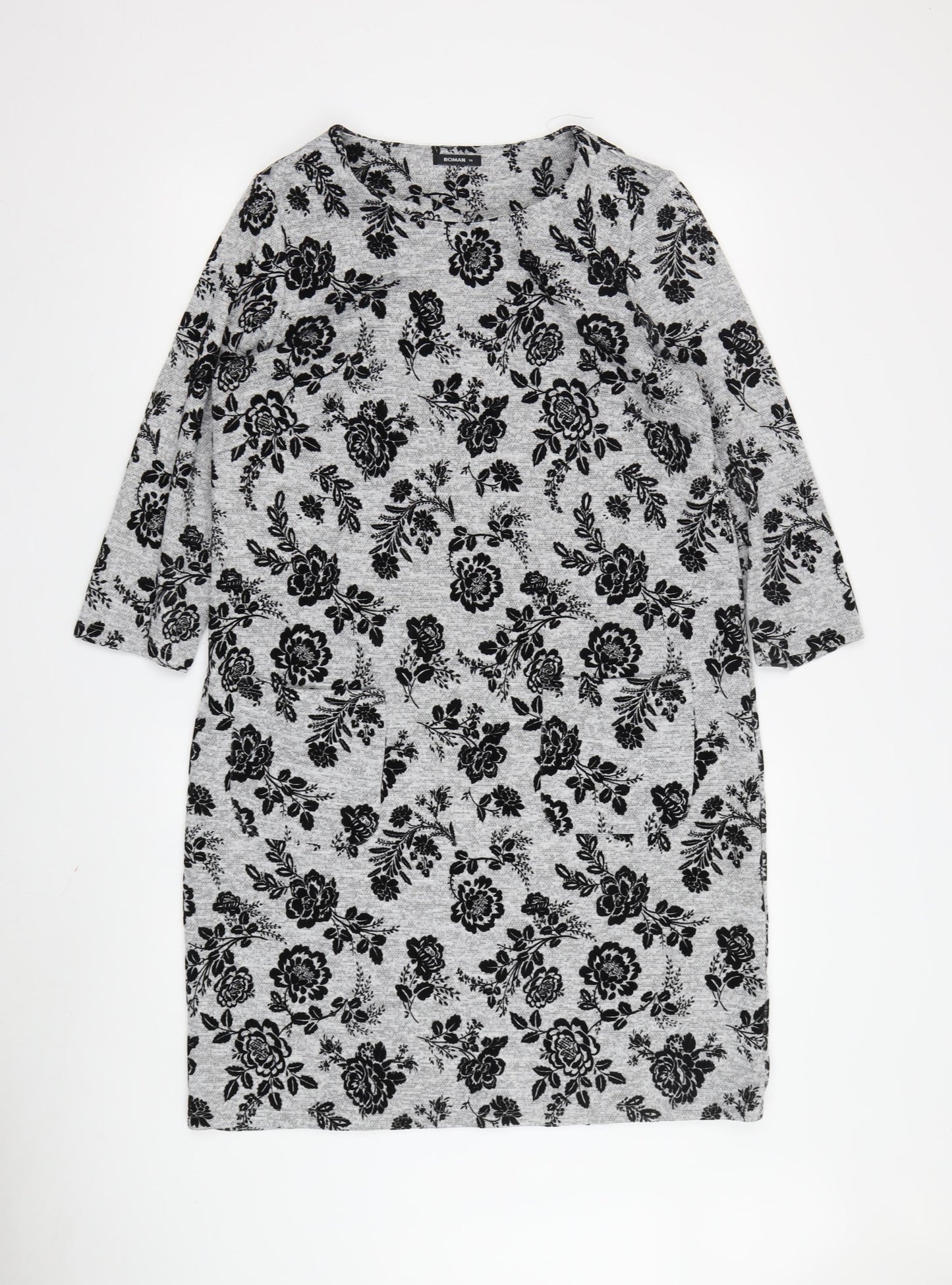 Roman Women's Grey Floral Shift Dress Size 14