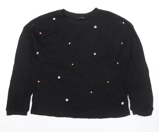 Marc Women's Black Knit T-Shirt, Size L, Embroidered Floral