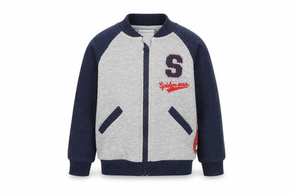 Front view of Spider-Man boys’ blue varsity jacket 2-3 years - superhero style