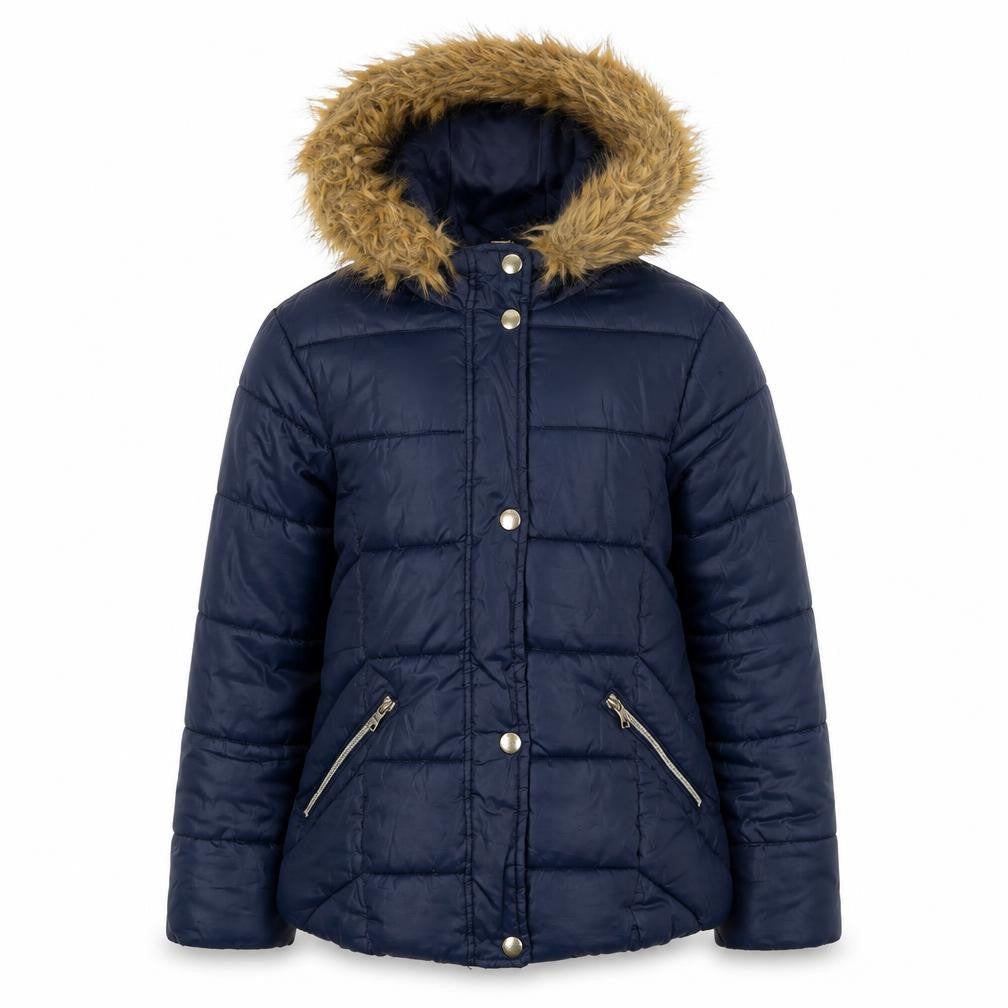 Zara Girls Blue Puffer Jacket 9-10 Years with Fur Trim Hood