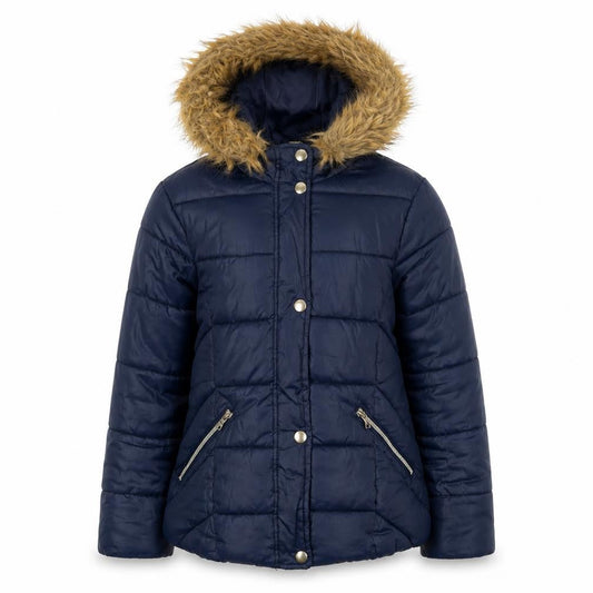 Zara Girls Blue Puffer Jacket 9-10 Years with Fur Trim Hood