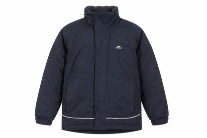 Front view of Trespass boys’ black parka jacket 7-8 years, waterproof winter coat