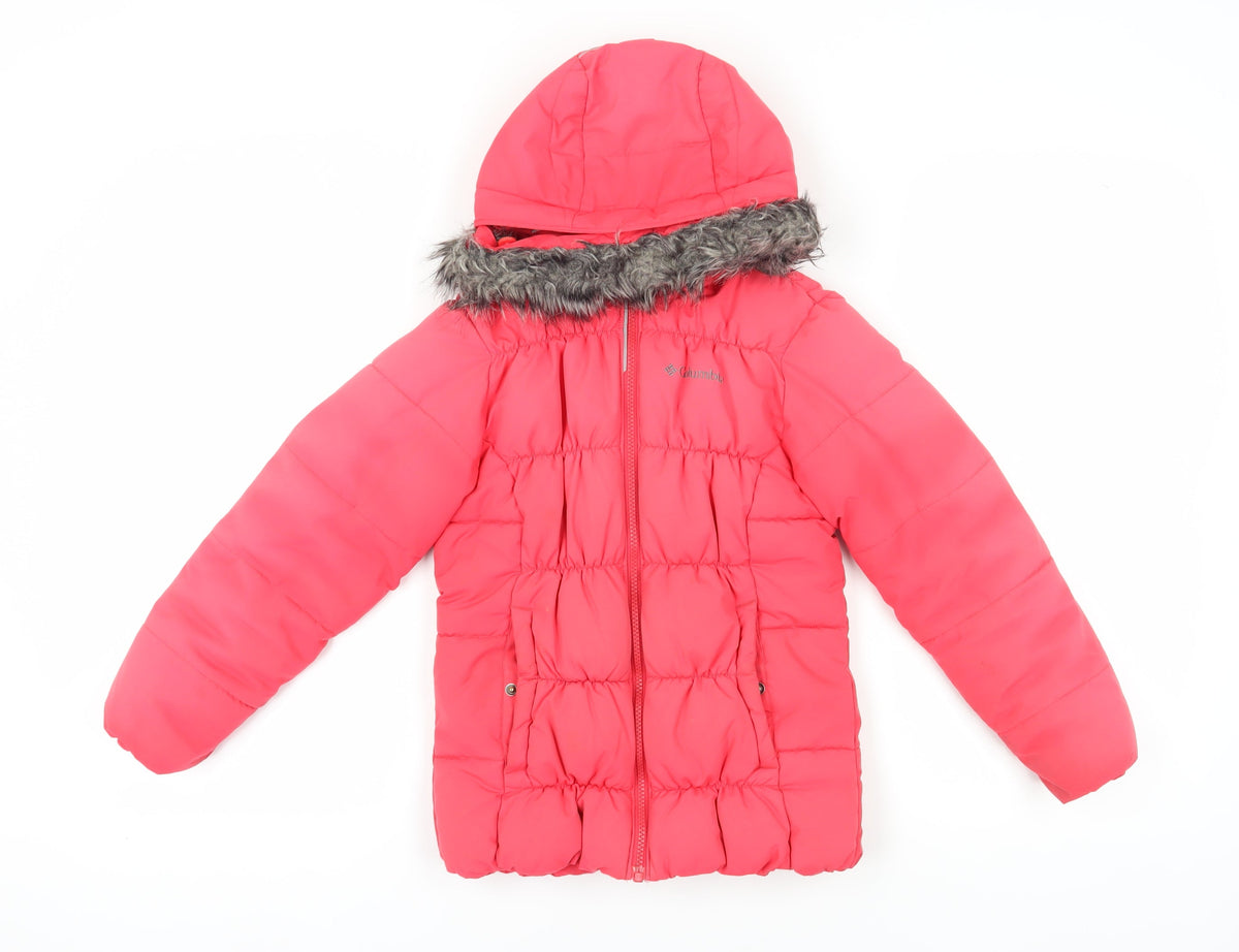 Additional front view of Columbia girls’ pink puffer jacket s winter hooded