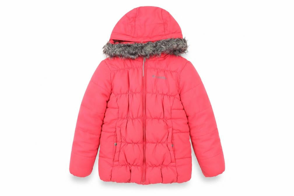 Front view of Columbia girls’ pink puffer jacket s winter hooded