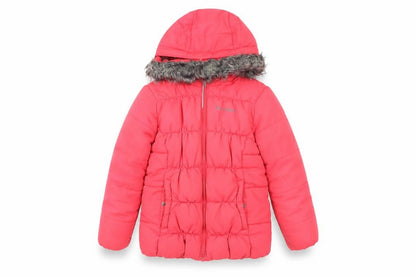 Front view of Columbia girls’ pink puffer jacket s winter hooded