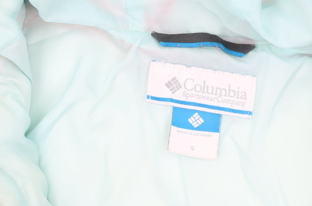 Close-up detail of Columbia girls’ pink puffer jacket s winter hooded