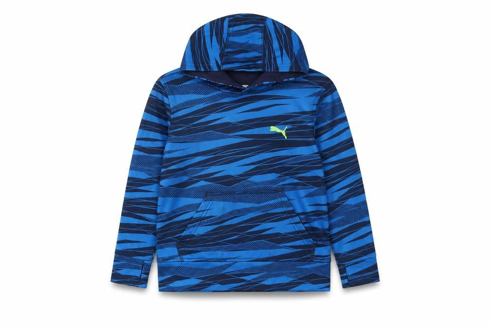 Front view of Puma boys’ blue pullover hoodie, graphic print, size S