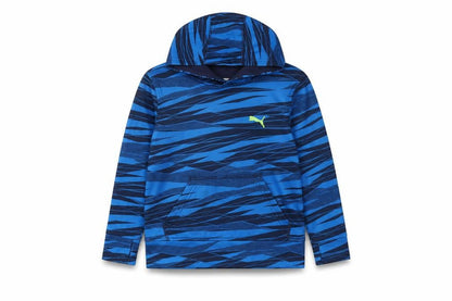 Front view of Puma boys’ blue pullover hoodie, graphic print, size S