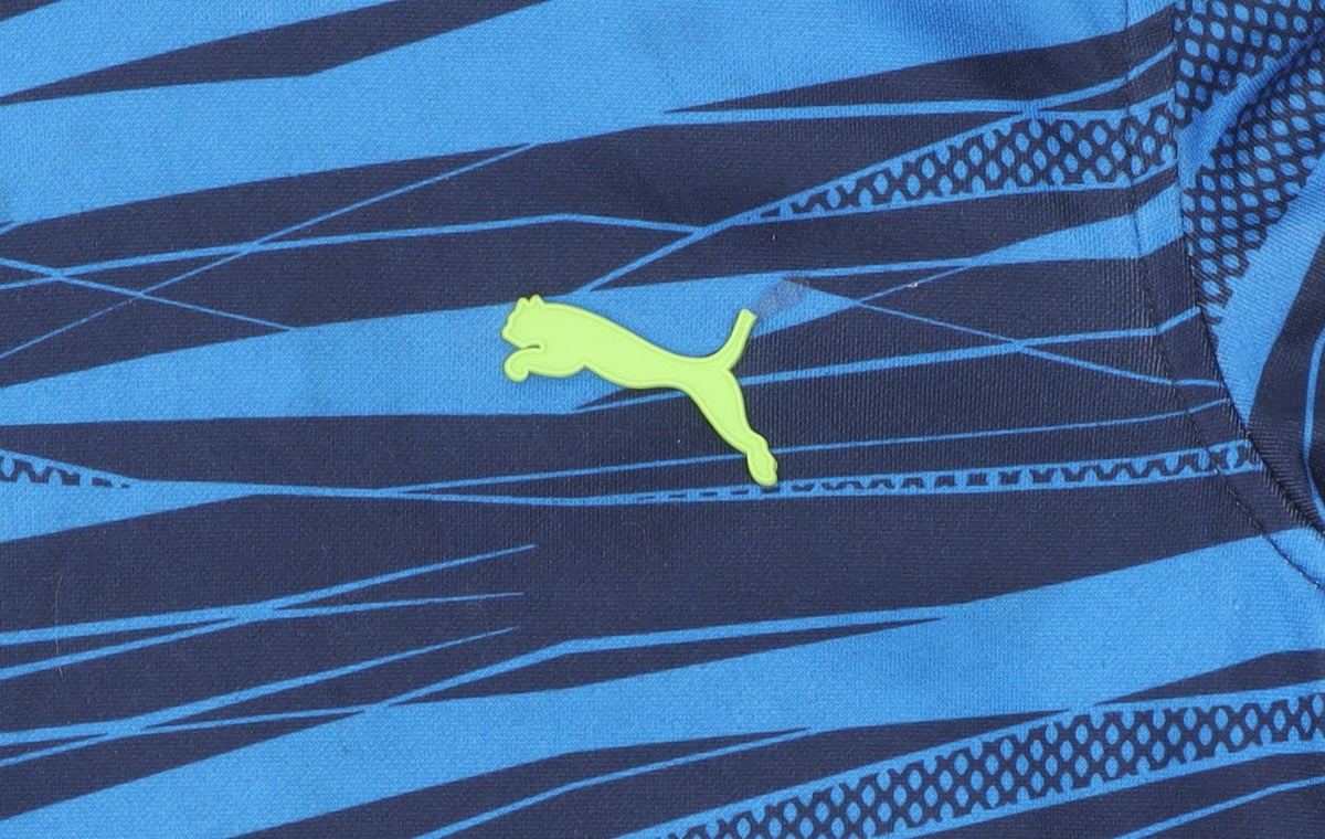 Close-up detail of Puma boys’ blue pullover hoodie, graphic print, size S