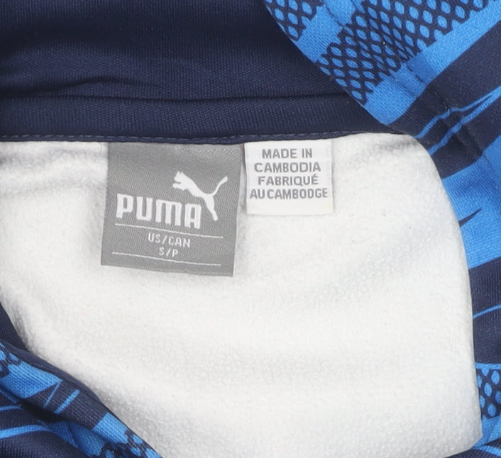 Brand and care label for Puma boys’ blue pullover hoodie, graphic print, size S