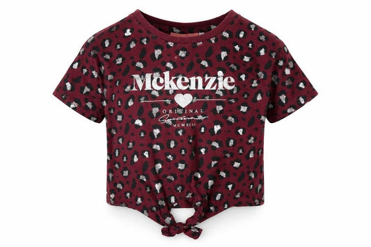 Front view of McKenzie girls’ red cropped animal print t-shirt 5-6 years