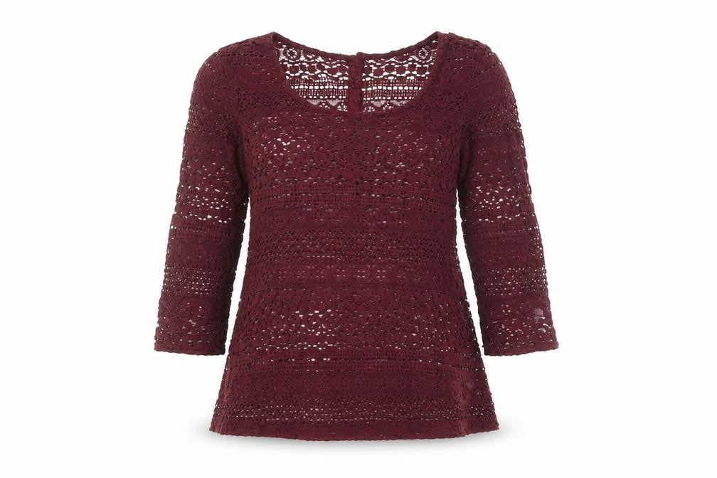FatFace Women's Red Crochet Blouse, Size 6, 3/4 Sleeve