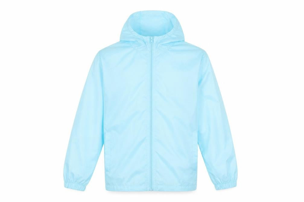 Front view of Regatta boys’ blue waterproof windbreaker jacket 13 years