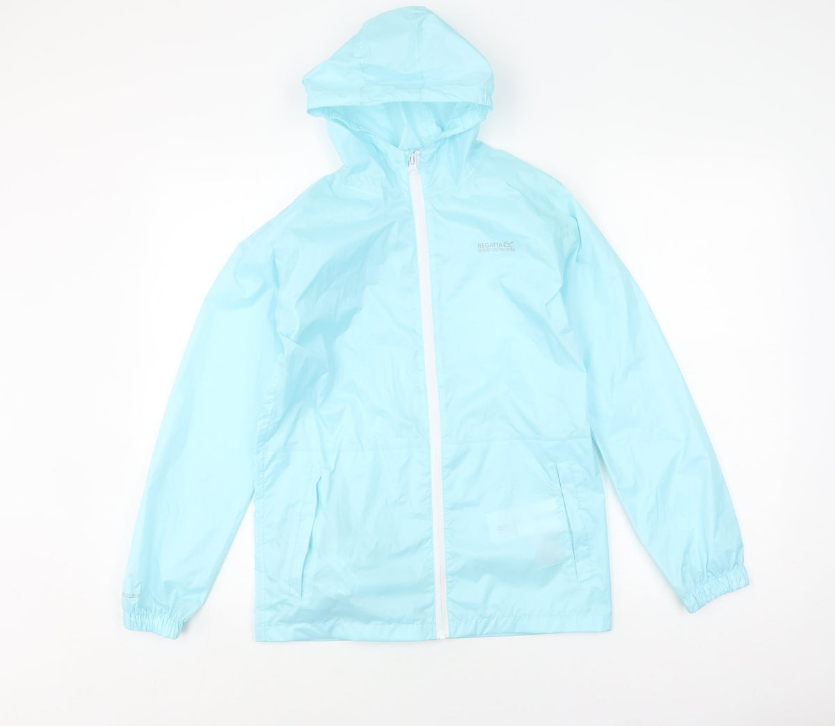 Close-up detail of Regatta boys’ blue waterproof windbreaker jacket 13 years