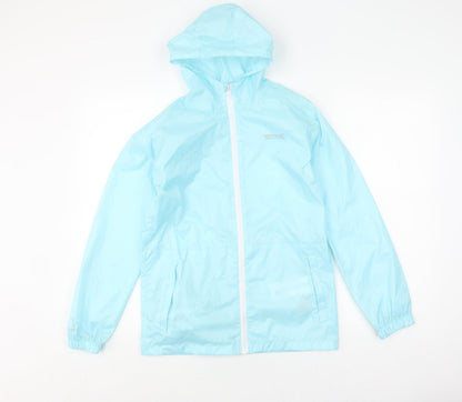 Close-up detail of Regatta boys’ blue waterproof windbreaker jacket 13 years