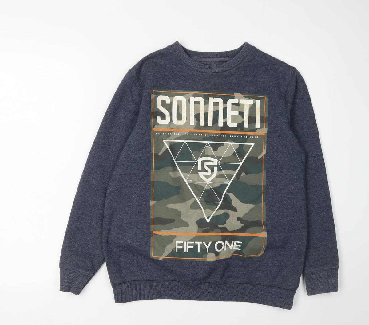 Additional front view of Sonneti boys’ blue camouflage graphic sweatshirt 12-13 years