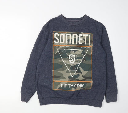 Additional front view of Sonneti boys’ blue camouflage graphic sweatshirt 12-13 years