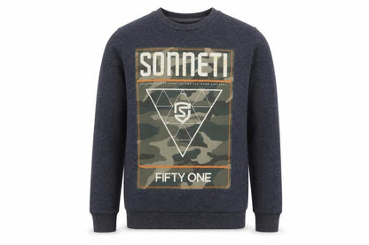 Front view of Sonneti boys’ blue camouflage graphic sweatshirt 12-13 years