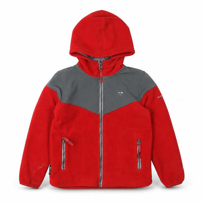 Front view of Trespass boys’ red fleece hooded jacket, size 5-6, years