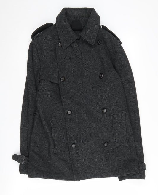 Topman Men's Black Herringbone Overcoat Size S