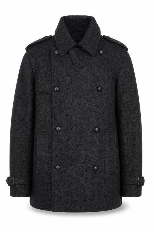 Topman Men's Black Herringbone Overcoat Size S