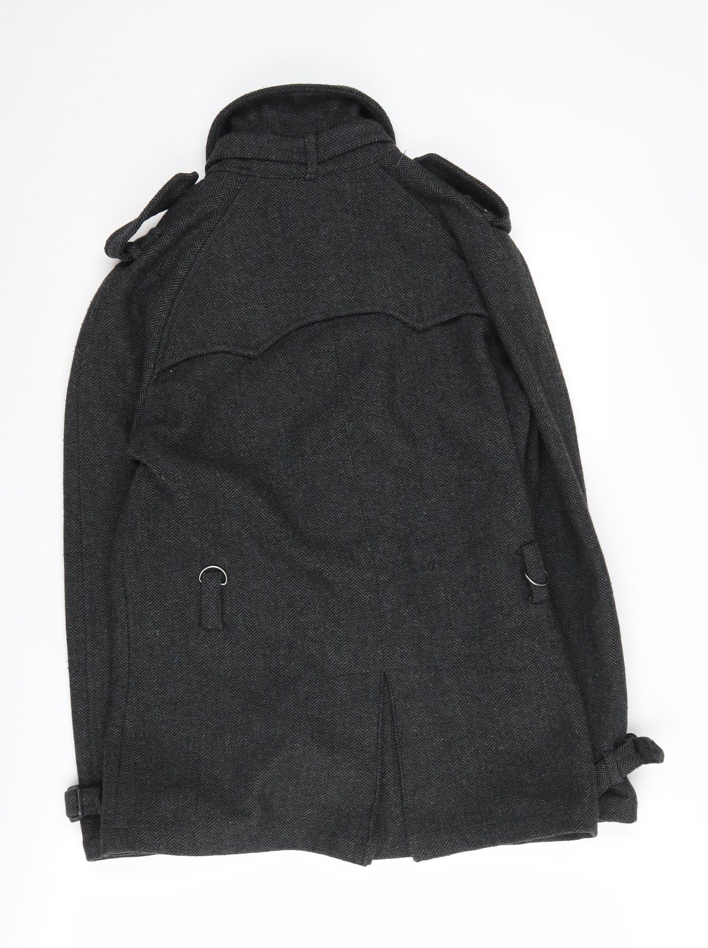 Topman Men's Black Herringbone Overcoat Size S