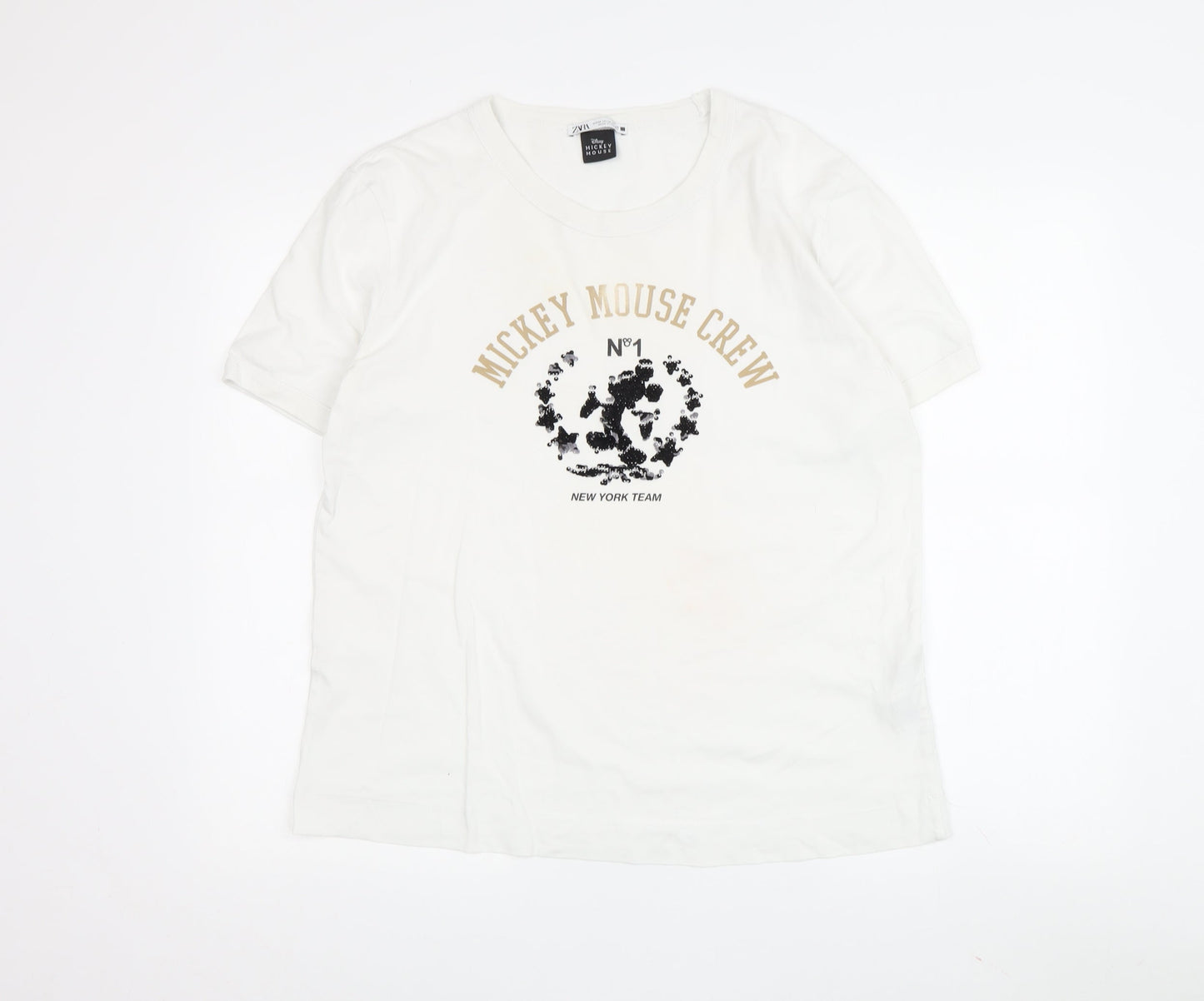 Zara Mickey Mouse Tee Unisex White M Casual Style