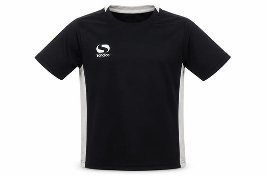 Front view of Sondico boys’ black jersey t-shirt 9-10 years football style