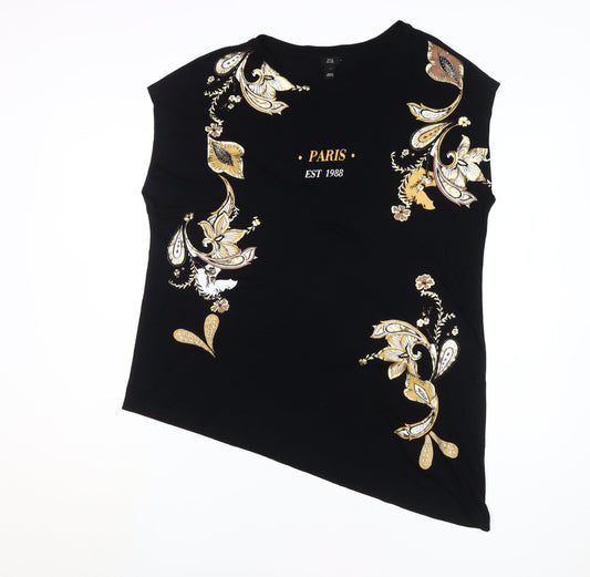 River Island Women's Black Floral Embroidered T-Shirt Size 14